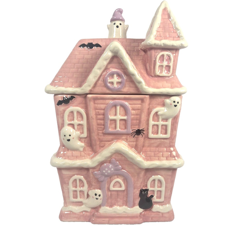 Pink Haunted House Ceramic Jar Ghost Black Cat Halloween Decor 10.5 Inch